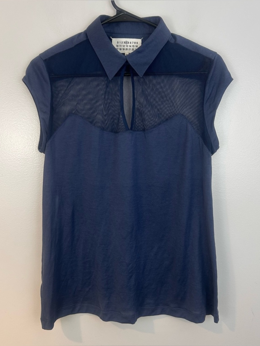 Maison Margiela Sheer Panel Mesh Keyhole Blue Lightweight Polo Top Size 10 - Picture 15 of 16